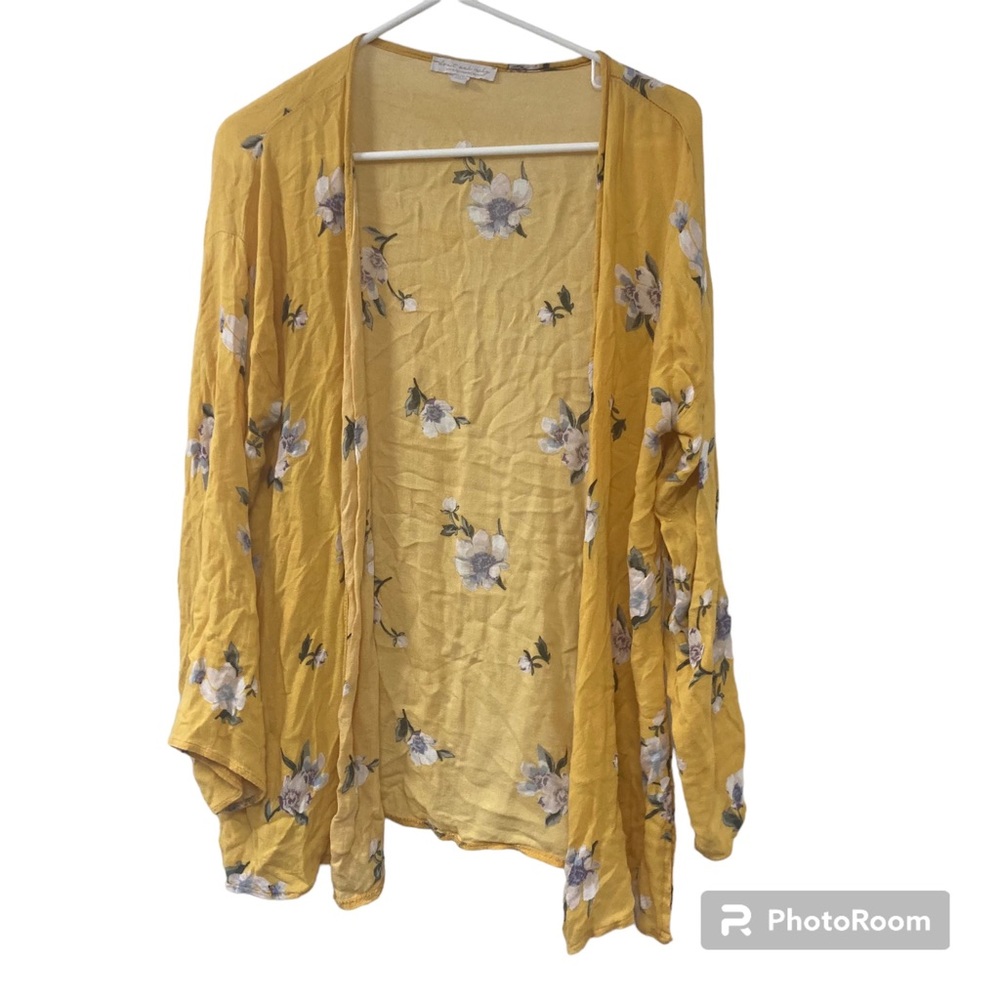 Don’t Ask Why 100% Viscose Bamboo One Size Cardigan Yellow Floral Open Sweater